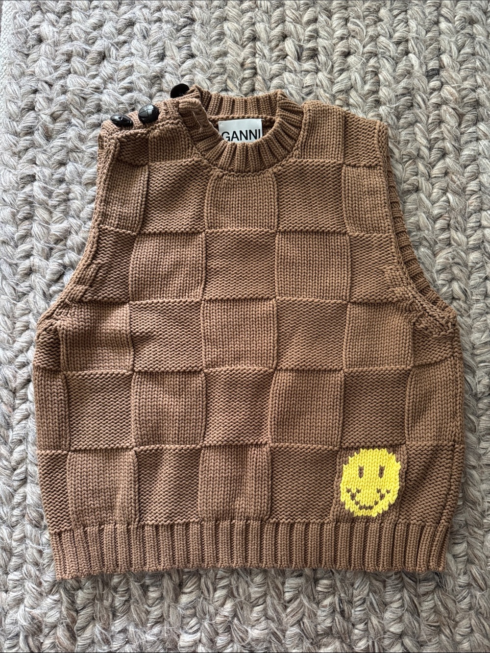 GANNI Brown Knit Vest with Yellow Smile Patch